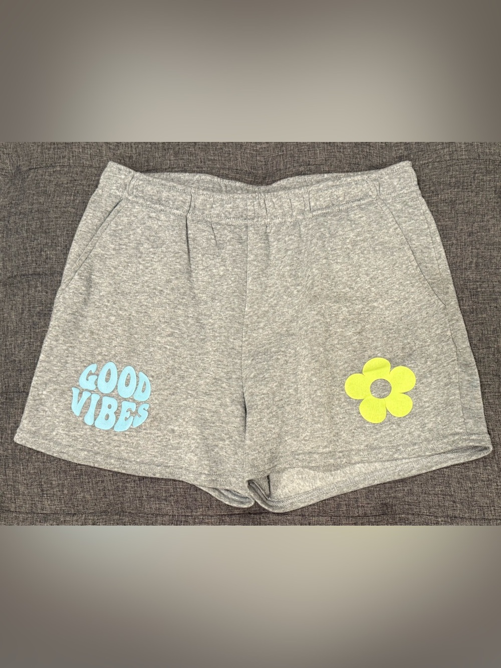 No Boundaries Gray Athletic Shorts with Yellow Flower and Light Blue Text